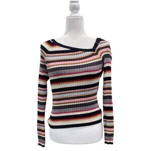 Y2K Vintage Ribbed Stripped Sweater Top, Asymmetrical Slanted Neck, Size Large
